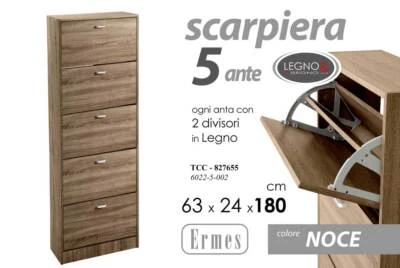 Scarpiera moderna 5 Ante Ripiani Doppia Profondità Legno TCC NOCE 63*24*180CM - Immagine 1 di 4