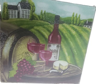 Square Glass Cut. Board/Trivet,8"x8",WINE BOTTLE,GLASSES,BARREL,CHEESE&GRAPES,GR - Image 1 of 2