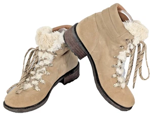 SAM EDELMAN Ankle Booties Size 8 Taupe Suede Lace Up Fur Tongue - Picture 1 of 10