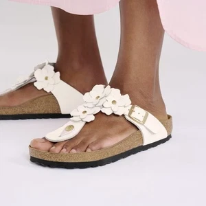 BIRKENSTOCK GIZEH FLOWER LIGHT ROSE NATURAL LEATHER REGULAR/WIDE WIDTH THONG FLI - Picture 1 of 6