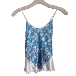 JMM 100% Silk Cami Top Blue Floral Print Boho Sleeveless Layered Tank Blouse-Med - Picture 1 of 10