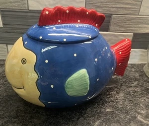 Hand Painted Ceramic FISH COOKIE JAR With Lid Coco Dowley Aquatic *Read* - Picture 1 of 11