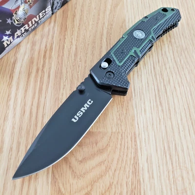Cuchillo Plegable Rápido USMC 3.75" 3Cr13 Hoja de Acero Negro/Verde Mango de Aluminio Foto 1 de 4