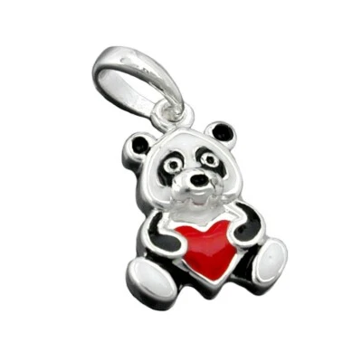 Rimorchio Panda Orso con Cuore, Colorato Verniciato, 925 Argento, per Bambini - Immagine 1 di 2