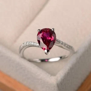 1.70 Ct Pear Cut Natural Ruby & Diamond Wedding Ring 14k White Gold Size 8 - Picture 1 of 6