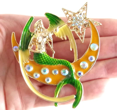 2.75" NWOT DESIGNER STYLE INSPIRED FAIRY MERMAID & MOON AB RHINESTONE BROOCH PIN - Image 1 of 4