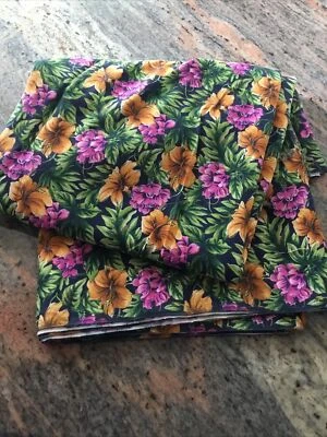 Vintage Navy Blue Pink Green Peach Hibiscus Fabric 3 3/4 Yards X 44” - Image 1 of 3