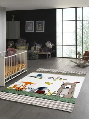 Kinderteppich bunte Tiere mit Bär Fuchs Hase Igel Eule Vögel - Bild 1 von 3
