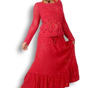 Rockmans Red prarie Skirt Ladies 18 sequins high low hem drawstring Y2K Vintage - Picture 1 of 8