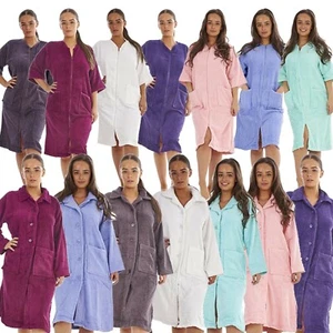 Womens Terry Towelling Zip / Button Through Dressing Gown Bath Robe Wrap 8 - 22 - Picture 1 of 20