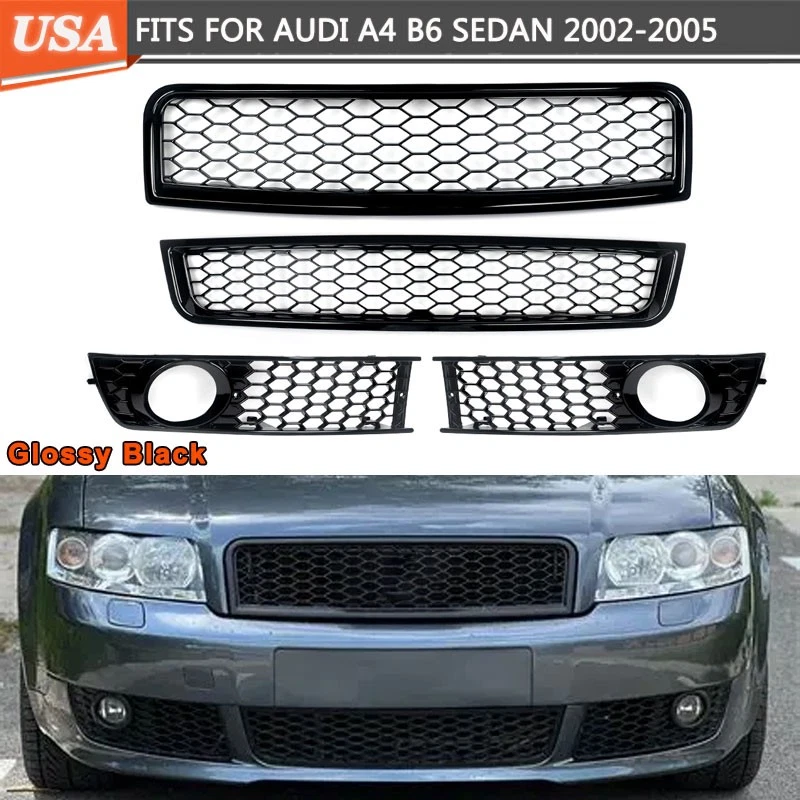 Honeycomb Style Black For Audi A4 B6 Upper Lower Grille Fog Light Grill 02-05 US - Image 1 of 4