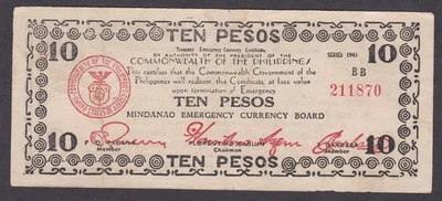 [VF, No Tears or Holes] 1943 Philippines 10 Pesos 211870 [A06-2] - Image 1 of 2