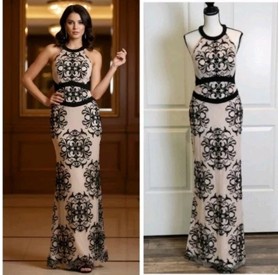 Betsy & Adam Formal Maxi Mesh Black and Tan Dress Size 6 - Image 1 of 4