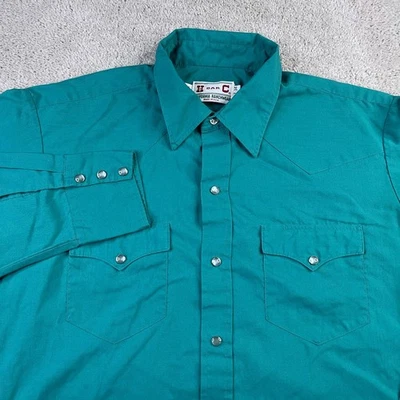 Vintage H Bar C Shirt Mens 17 34 Blue Teal Western Pearl Snap Cowboy Ranchwear - Image 1 of 4