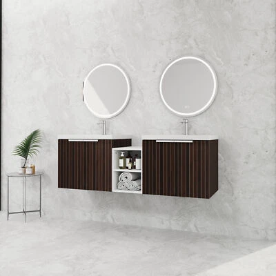Mueble tocador flotante montado en la pared de madera contrachapada de 60 pulgadas baño con doble fregadero + estantes Foto 1 de 4