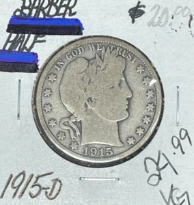 1915-D BARBER SILVER HALF DOLLAR ~ VG ~NICE COIN~ - Picture 1 of 2