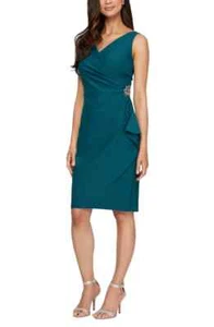 ALEX EVENINGS Teal Ruched Pleat Side Embellished Beaded V-Neck Bodycon Dress 8 M - Picture 1 of 4