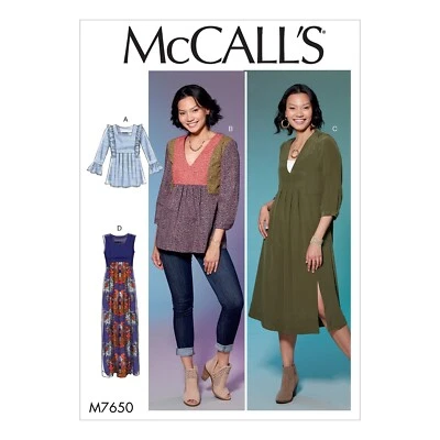 McCall 7650 Sz 6-22 BOHO Dresses & Shirts Relaxed Gathered Loose V Neck Pattern - Image 1 of 3