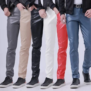 Thin Men's Elastic Slim Fit Fashionable Bar Leather Pants Men's Long Pants - Picture 1 of 17