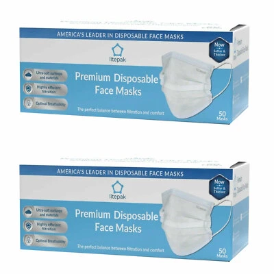 100pcs Litepak White Disposable 3 Ply Face Mask SOFT Earloop Premium Mouth Cover - Image 1 of 3