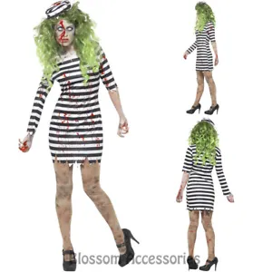 CA16 Zombie Jailbird Costume Ladies Halloween Convict Prisoner Fancy Dress Up - Picture 1 of 4
