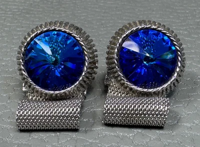 Gemelos envolventes vintage de piedra azul chapados en oro blanco Foto 1 de 3