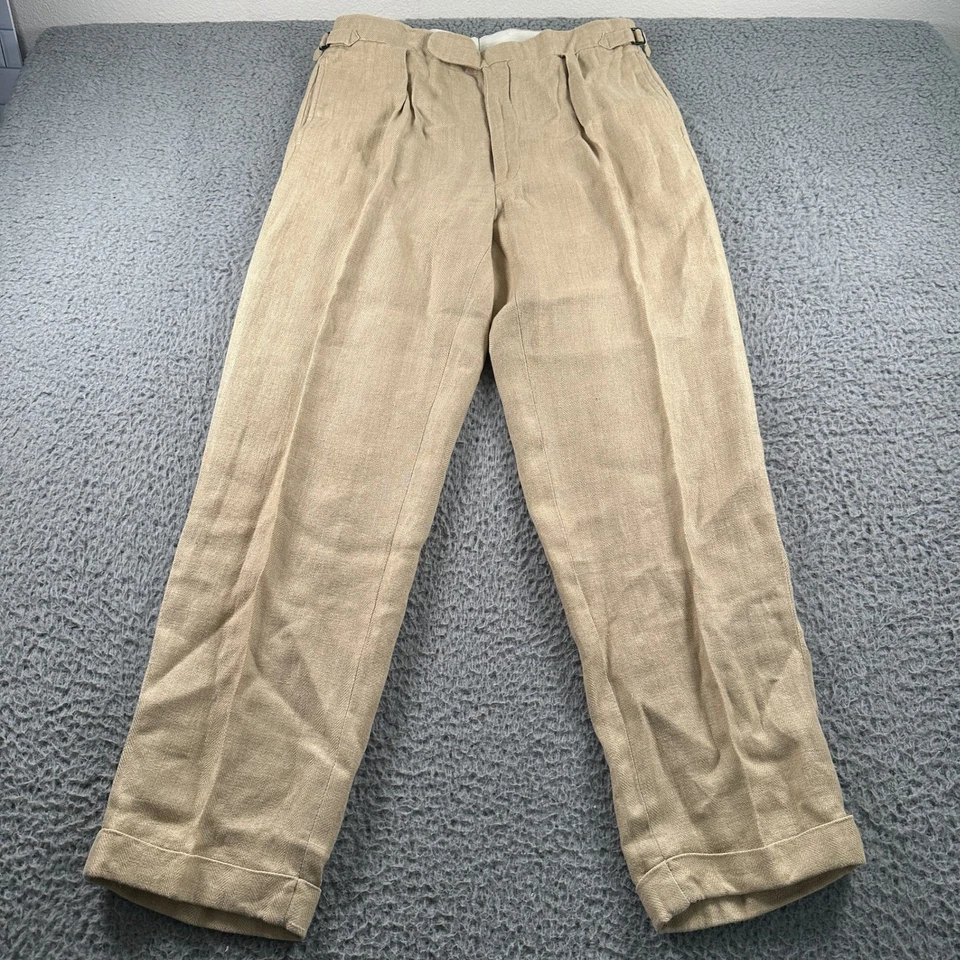 Pantalones Polo Ralph Lauren Para Hombre 34x32 Beige Lino Plisado Puños Ajustadores Laterales Foto 1 de 4