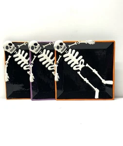 Lot 3 SKELETON Halloween Square Ceramic Fun Whimsical 8X8" PLATES Platters Decor - Picture 1 of 10