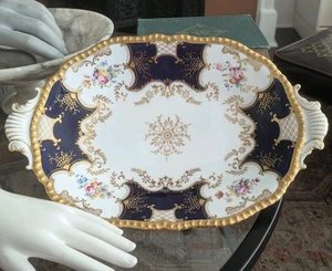 Antique Coalport Batwing Serving Platter Cobalt Blue Gold Leaf Panel Plate 1920s - Picture 1 of 16