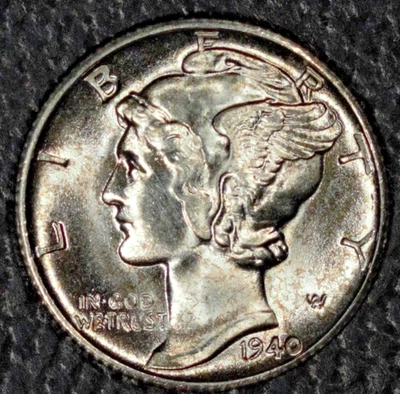 Moneda de diez centavos Mercury 1940-D, gema BU, tono claro Foto 1 de 2