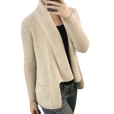 Cárdigan abierto tejido waffle con cuello chal beige neutro para mujer talla mediana Foto 1 de 4