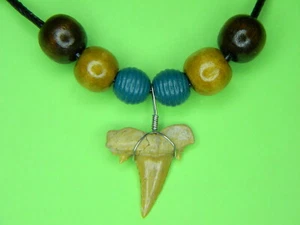Fossil Shark Tooth Pendant Necklace With Wooden Beads 18-20 inches STN06 - Picture 1 of 3