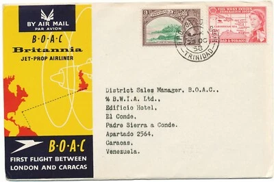 TRINIDAD AND TOBAGO 1958 rare First flight of the BOAC PORT OF SPAIN - CARACAS - Image 1 of 4