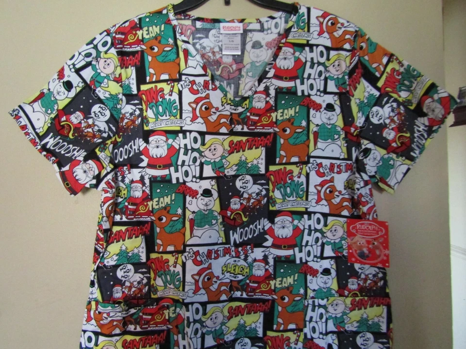 Women's Christmas Rudolph The Red Nosed Reindeer Scrub Top Size Large