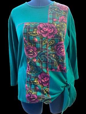 VINTAGE 1980s gráfico azul-petróleo floral bordado paisley manga longa aplique T G - Imagem 1 de 4