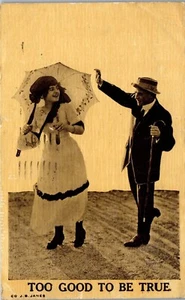 Vintage Love Romance Postcard Too Good To be True Umbrella Cane Posted 1911 - Picture 1 of 3