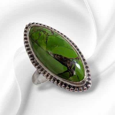 Solid 925 Sterling Silver Women's Ring With Authentic Green Copper Turquoise  - Image 1 of 4