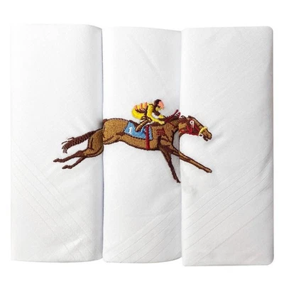 WARWICK & VANCE Mens Horse Racing Handkerchief Embroidery White 100% Cotton Gift Boxed 3 Pack