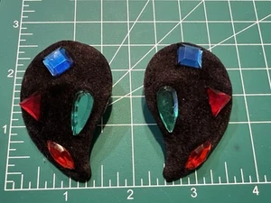 Vtg Multi Color Gems Pierced Earrings Black Velvet Textured Paisley Style 1980’s - Picture 1 of 3