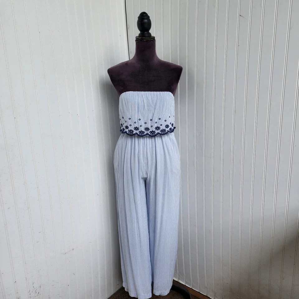 Jersey Jessica Simpson sin tirantes para mujer talla XS con volantes a rayas azul floral playero Foto 1 de 4