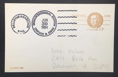1984 US SPECIAL CANCELLATION EVENT POSTAL CARD Cascade Iowa Station 150 Years - Image 1 of 2