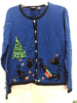 Raro De Colección Christina Rotelli Mujer Cat-tastic Navidad Suéter Azul Talla L  Foto 1 de 4