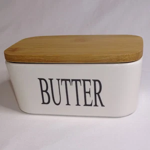 Butter Dish With Wood Lid White And Black Letters Ceramic Very Nice Butter Dish - Picture 1 of 12