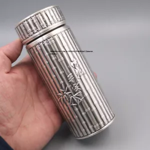 Solid S999 Fine Silver Drinking Cup Carved Bamboo Healthy Water Bottle 5.6inch H - Picture 1 of 6