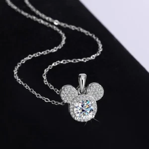 Luxury Mickey Mouse Ladies Necklace Real 925 Silver Zircon Crystal Kids Women - Picture 1 of 7