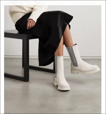 Nuevo. BRUNELLO CUCINELLI Chelsea Botas de Gamuza Blancas Monili Cuentas. Talla 39 Foto 1 de 4