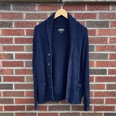 Express Navy Blue Chunky Knit Men Fold Over Button Sweater Cardigan - Image 1 of 2