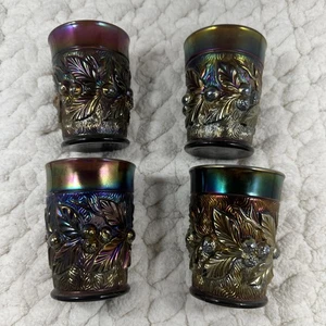 4 Antique Northwood Carnival Glass Tumblers 4" Amethyst Acorn & Burrs No Chips - Picture 1 of 24