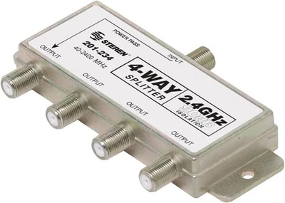 Steren 4-Way 2.4GHz 90dB Power Passing DC On One Port F-Pin Coaxial Splitter - Image 1 of 4
