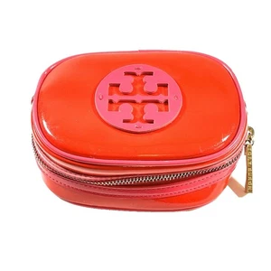 Tory Burch Cosmetic Bag Patent Shiny Red and Hot Pink Small Zip - Picture 1 of 10